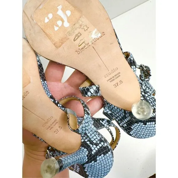 Black Suede Studio Sandals Womens Size 7 Blue Black Leather Gwen Snake Print