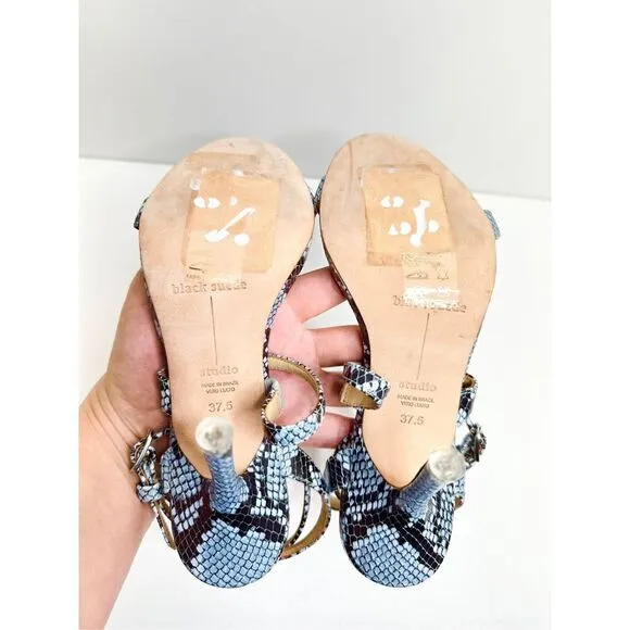 Black Suede Studio Sandals Womens Size 7 Blue Black Leather Gwen Snake Print