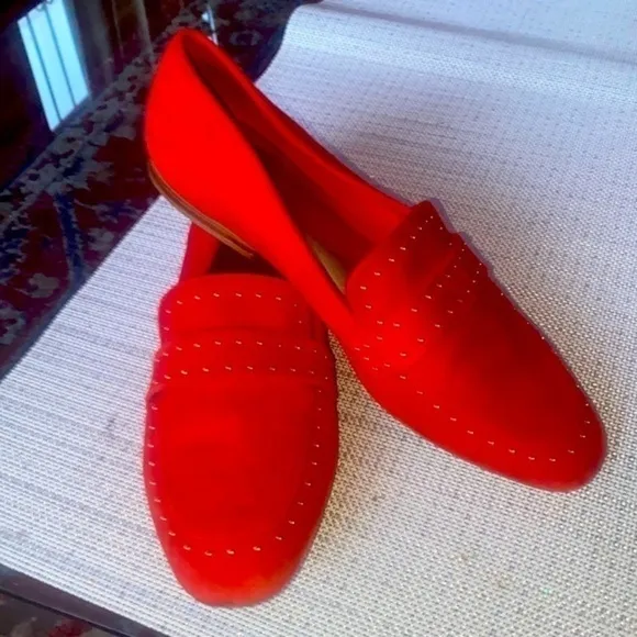 Bleecker and Bond Bright Red with gold studs, flat Loafers, suede, size 9.