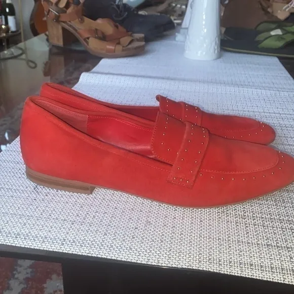 Bleecker and Bond Bright Red with gold studs, flat Loafers, suede, size 9.