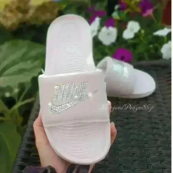 Bling Nike Sandals Victori One Slides Pink Custom with Crystal Rhinestones