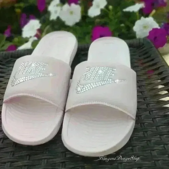 Bling Nike Sandals Victori One Slides Pink Custom with Crystal Rhinestones