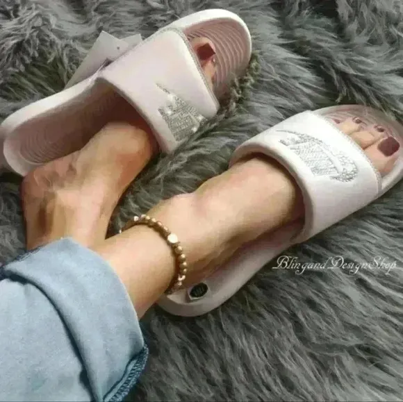 Bling Nike Sandals Victori One Slides Pink Custom with Crystal Rhinestones