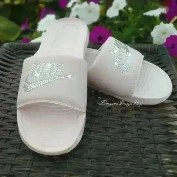 Bling Nike Sandals Victori One Slides Pink Custom with Crystal Rhinestones