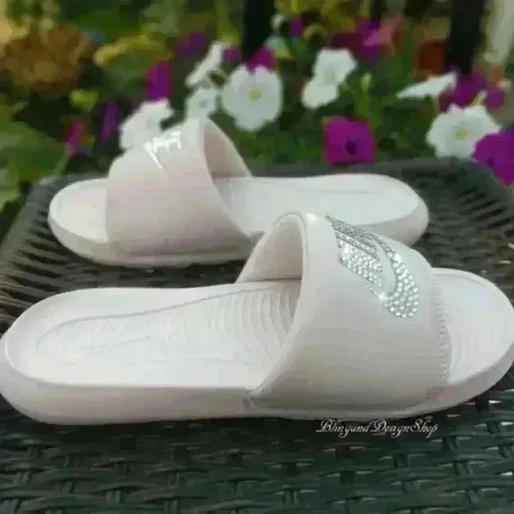 Bling Nike Sandals Victori One Slides Pink Custom with Crystal Rhinestones