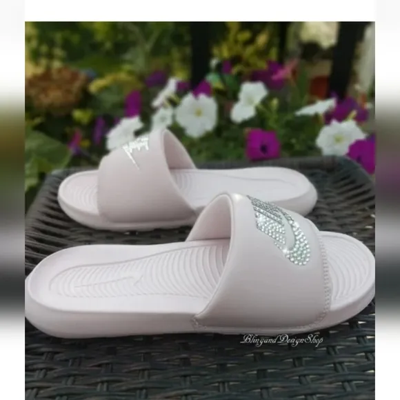 Bling Women Nike Sandals Victori One Slides Pink Custom with Crystal Rhinestones