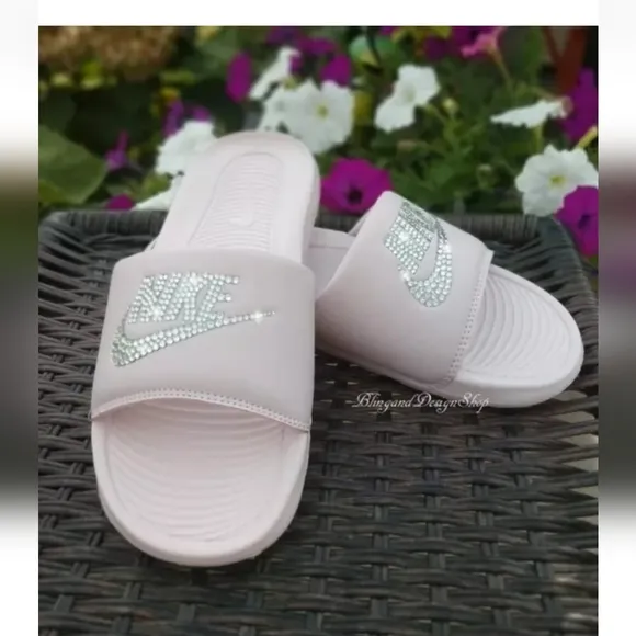 Bling Women Nike Sandals Victori One Slides Pink Custom with Crystal Rhinestones