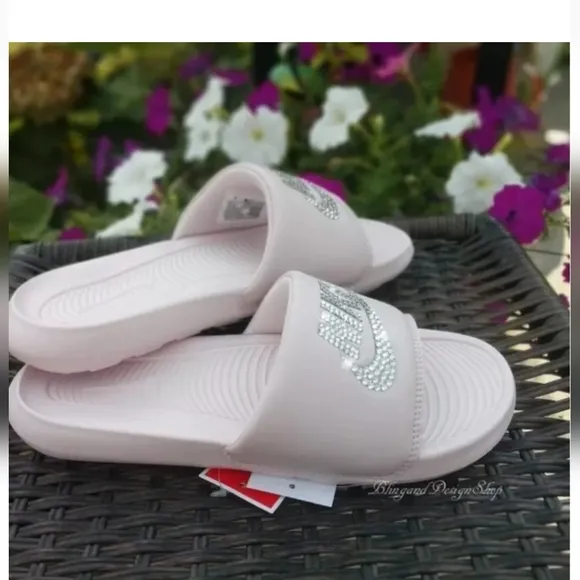 Bling Women Nike Sandals Victori One Slides Pink Custom with Crystal Rhinestones