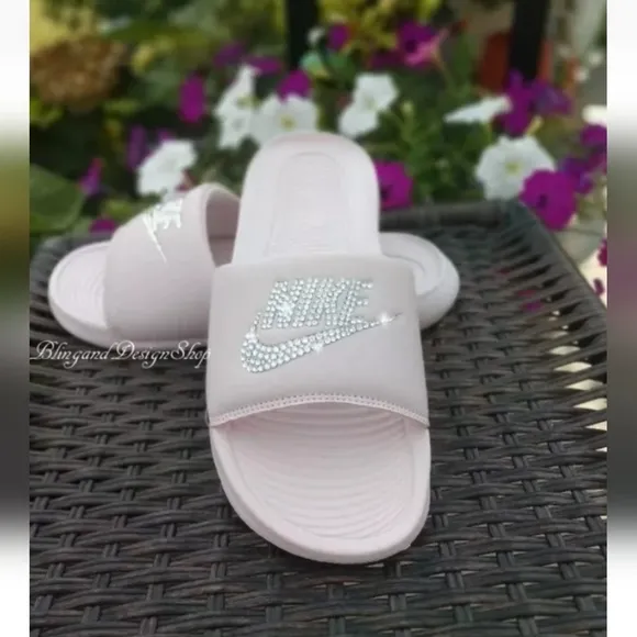 Bling Women Nike Sandals Victori One Slides Pink Custom with Crystal Rhinestones