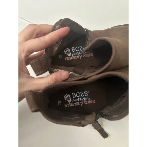 Bobs from Skechers Women Ankle Boots Memory Foam Booties side zip W7 Brown