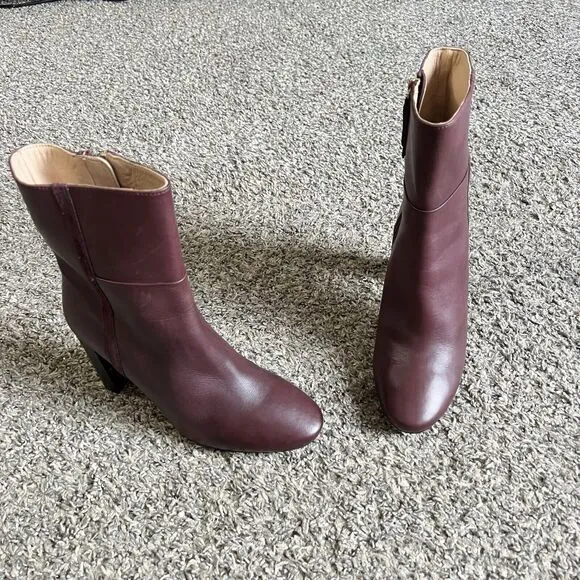 Boden Block Heel Boots Size 38 US 7 Mid Calf Burgundy Wine Leather Side Zip NEW