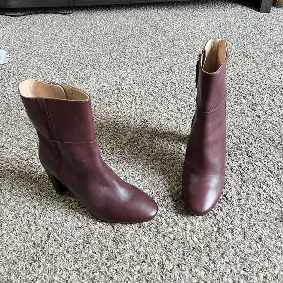 Boden Block Heel Boots Size 38 US 7 Mid Calf Burgundy Wine Leather Side Zip NEW