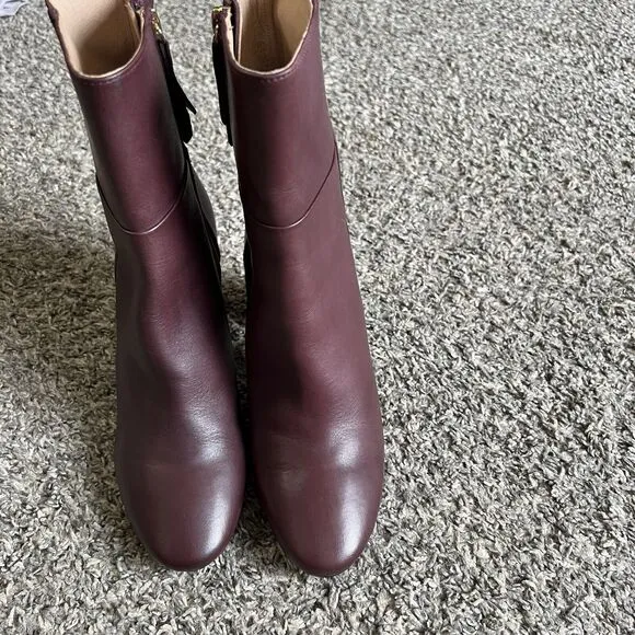 Boden Block Heel Boots Size 38 US 7 Mid Calf Burgundy Wine Leather Side Zip NEW