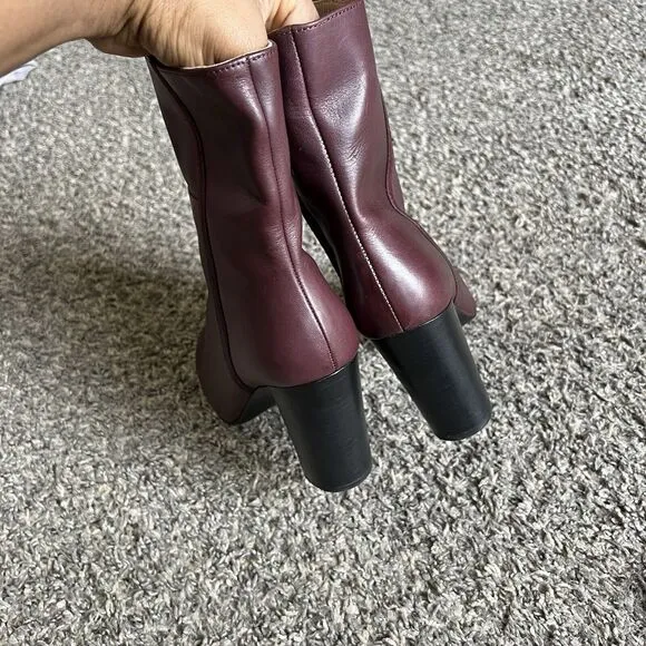 Boden Block Heel Boots Size 38 US 7 Mid Calf Burgundy Wine Leather Side Zip NEW