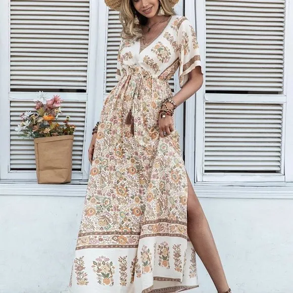 Boho Floral Print Trumpet Sleeve Split Thigh Tassel Drawstring Waist Dress