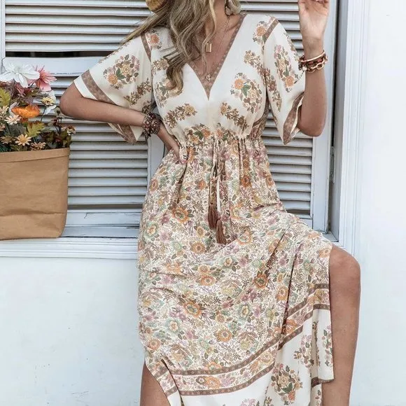Boho Floral Print Trumpet Sleeve Split Thigh Tassel Drawstring Waist Dress