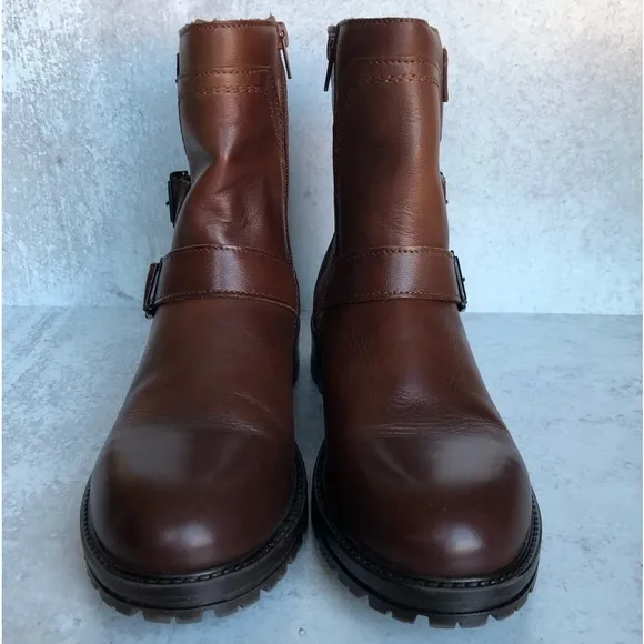 Bootlegger Boots Brown Leather Astra Moto Triple Buckled Side Zippered Size EU40