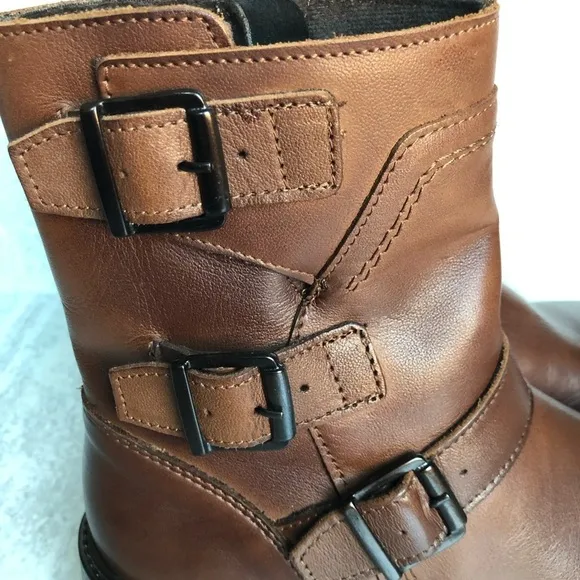 Bootlegger Boots Brown Leather Astra Moto Triple Buckled Side Zippered Size EU40