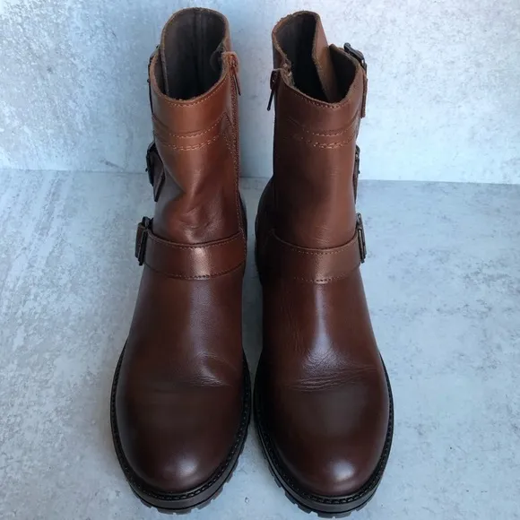Bootlegger Boots Brown Leather Astra Moto Triple Buckled Side Zippered Size EU40