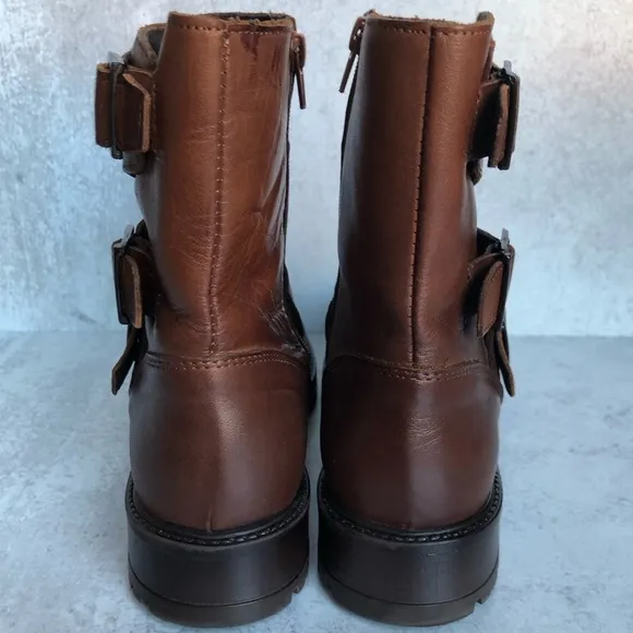 Bootlegger Boots Brown Leather Astra Moto Triple Buckled Side Zippered Size EU40