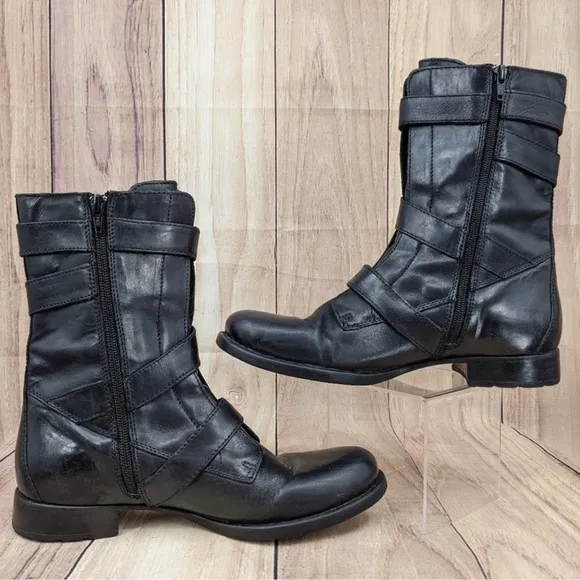 Born Alamid Leather Moto Strappy Buckle Side Zip Steampunk  Boots
