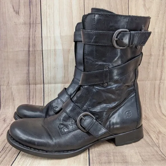 Born Alamid Leather Moto Strappy Buckle Side Zip Steampunk  Boots