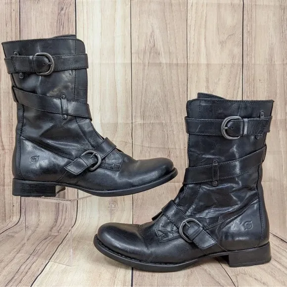 Born Alamid Leather Moto Strappy Buckle Side Zip Steampunk  Boots