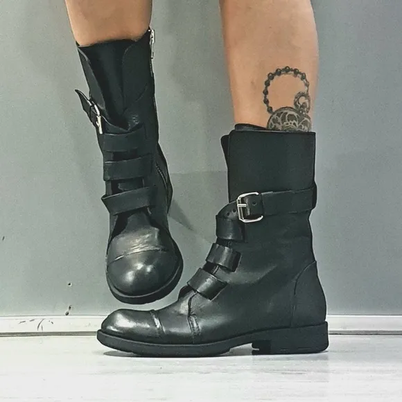 Born Alamid Leather Moto Strappy Buckle Side Zip Steampunk  Boots