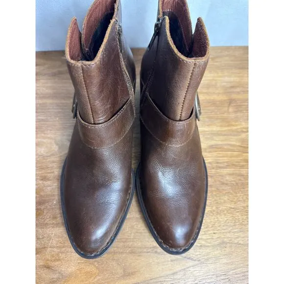 Born Baloy Brown Leather Short Boots 8.5 Women’s Side Zip Western Style Buckle