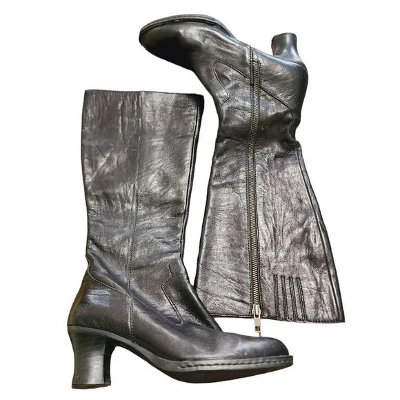Born black leather tall zip boots 7