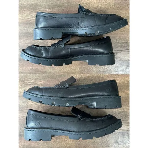 Born Carrera Penny Loafers Womens 8.5 Black Leather Lug Sole Academia Y2K 90s