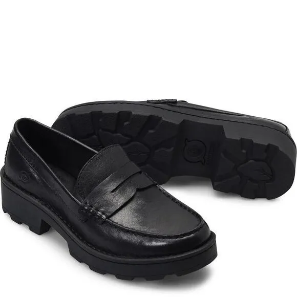 Born Carrera Penny Loafers Womens 8.5 Black Leather Lug Sole Academia Y2K 90s