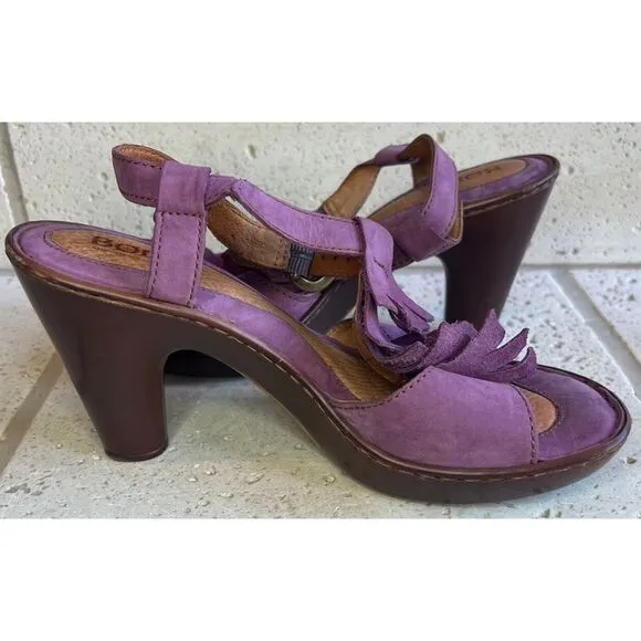 Born Mauve Purple Leather Fringe Tassel Heels Sandals Size 8