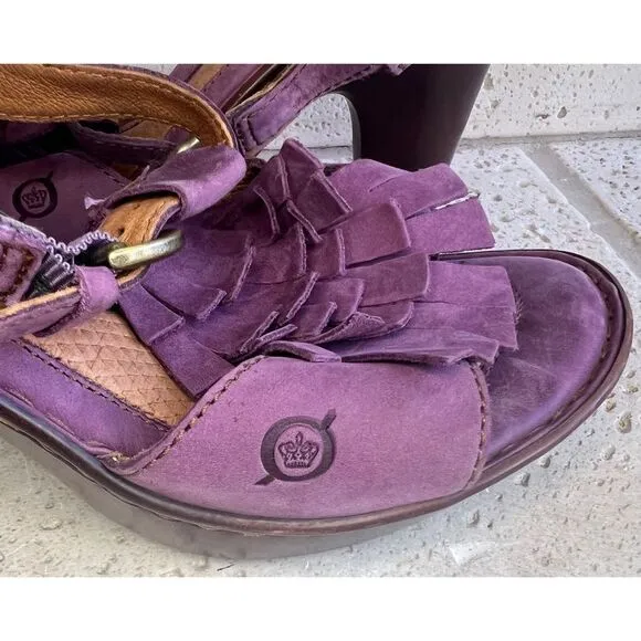 Born Mauve Purple Leather Fringe Tassel Heels Sandals Size 8