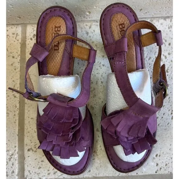 Born Mauve Purple Leather Fringe Tassel Heels Sandals Size 8