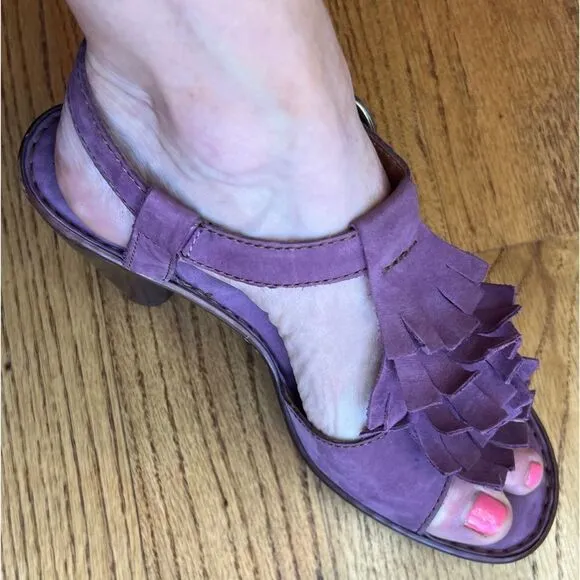 Born Mauve Purple Leather Fringe Tassel Heels Sandals Size 8