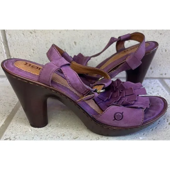 Born Mauve Purple Leather Fringe Tassel Heels Sandals Size 8