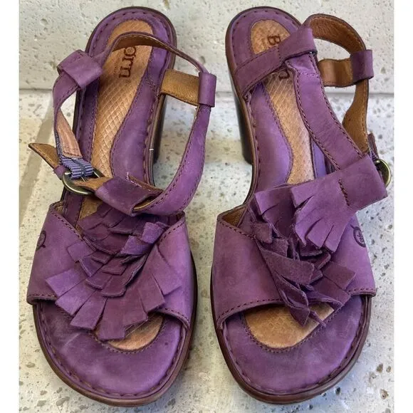 Born Mauve Purple Leather Fringe Tassel Heels Sandals Size 8