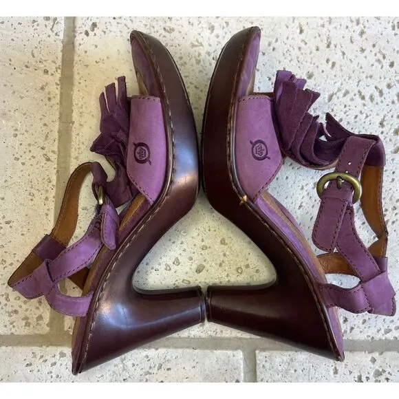 Born Mauve Purple Leather Fringe Tassel Heels Sandals Size 8