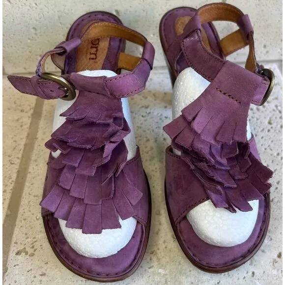Born Mauve Purple Leather Fringe Tassel Heels Sandals Size 8