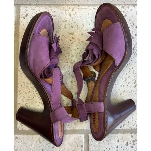 Born Mauve Purple Leather Fringe Tassel Heels Sandals Size 8