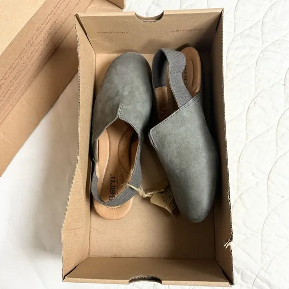 BORN Sebra Sling Bowe Nubuck Leather Mules Loafers Sandals Womens Gray Sz 6 NIB
