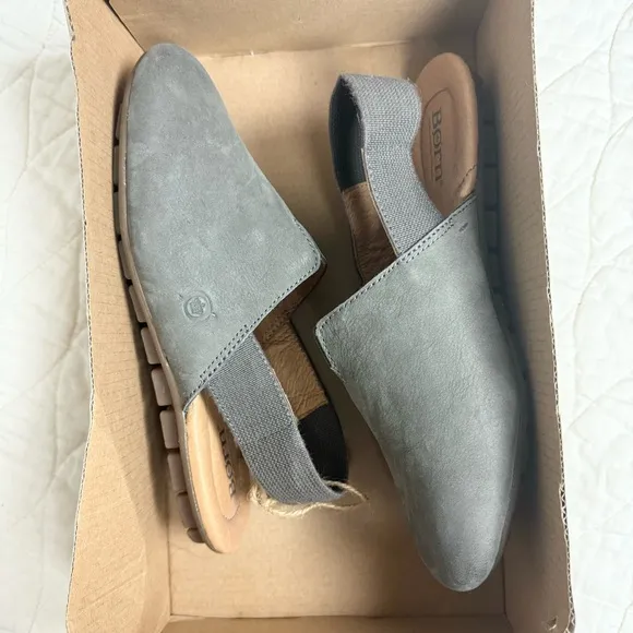BORN Sebra Sling Bowe Nubuck Leather Mules Loafers Sandals Womens Gray Sz 6 NIB