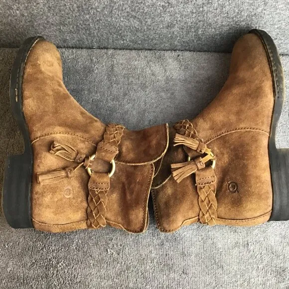 Born Suede Leather Western Side Zip Ankle Boots Booties with Tassel Size 8M