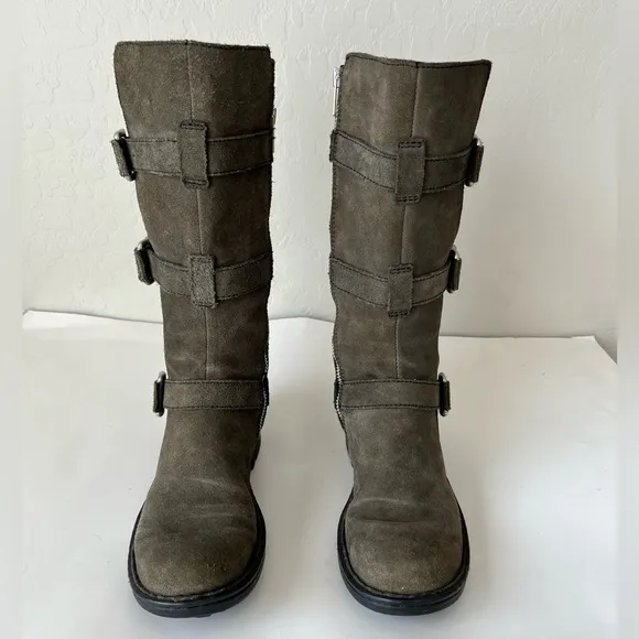 Born Tessa Suede Leather Buckle Zip Mid Calf Boots Green Size 7