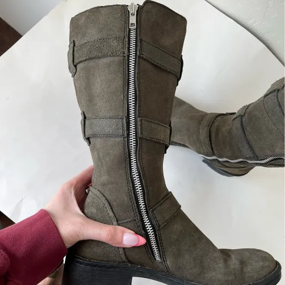 Born Tessa Suede Leather Buckle Zip Mid Calf Boots Green Size 7