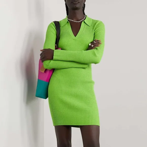 Brand new Helmut Lang green Mark ribbed knit polo mini dress