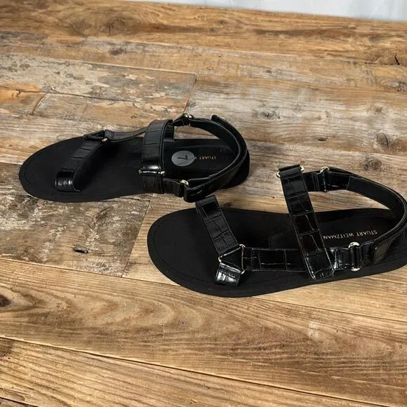 Brand New Stuart Weitzman Vail Croc Effect  Leather Slingback Sandals Black Sz 7