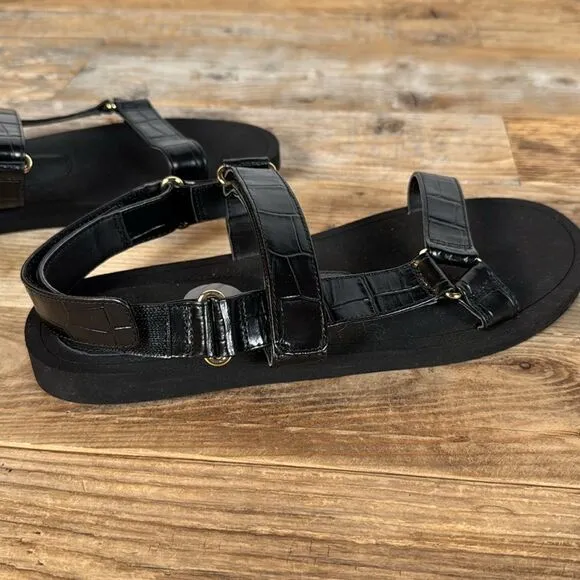 Brand New Stuart Weitzman Vail Croc Effect  Leather Slingback Sandals Black Sz 7