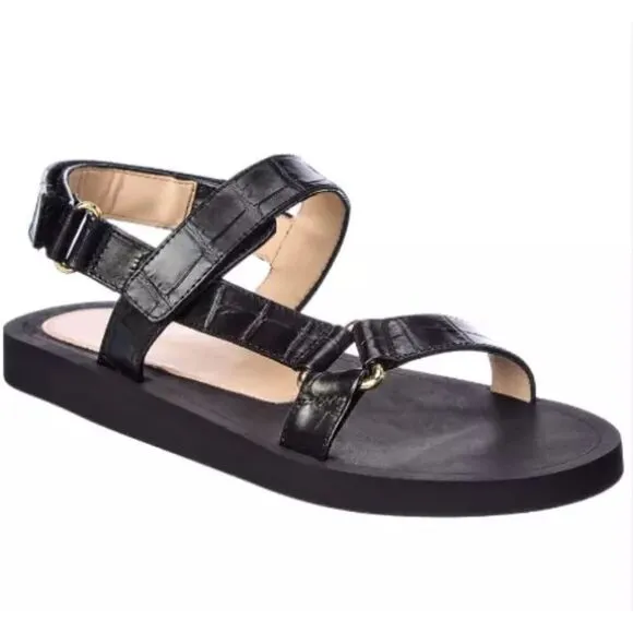 Brand New Stuart Weitzman Vail Croc Effect  Leather Slingback Sandals Black Sz 7